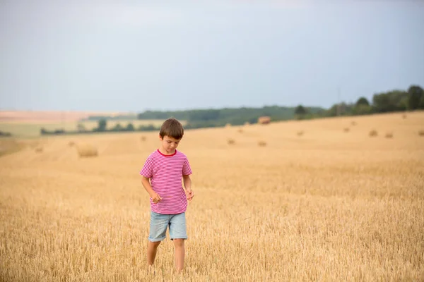 Cute preschool boy, sitting on hastack in field on a cloudy day — Stock Photo, Image