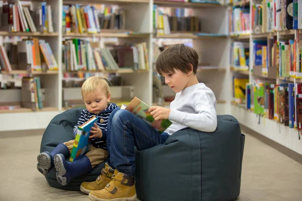 Niños inteligentes, hermanos varones, educándose en una biblioteca —  Fotos de Stock