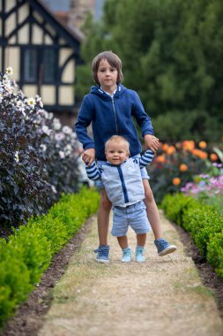 Muhteşem çiçek bahçesinde güzel çocuk