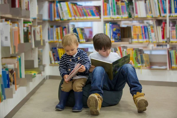 聪明的孩子, 男孩兄弟, 在图书馆教育自己 — 图库照片