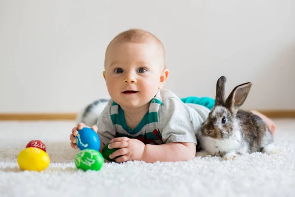 小さな幼児子供、男の子は、イースターのウサギと遊ぶ — ストック写真