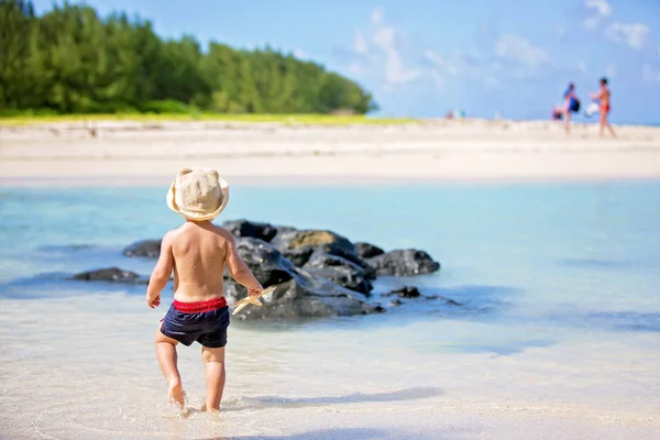 Enfants jouant avec étoile de mer, enfants bonheur plage été conc — Photo