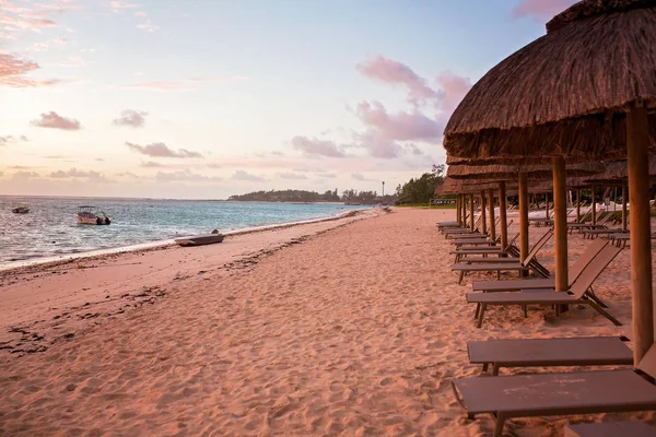 Praia de luxo com cadeiras de praia, guarda-chuvas e belo nascer do sol — Fotografia de Stock