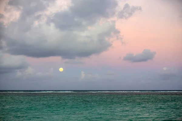 Menino, sentado na praia depois do pôr-do-sol numa lua — Fotografia de Stock