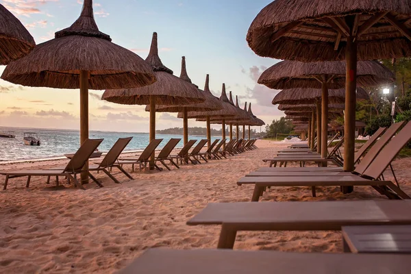 Luksusowa plaża z leżakami, parasole na pięknym wschodzie słońca — Zdjęcie stockowe