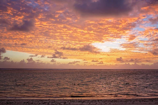 Praia de luxo com cadeiras de praia, guarda-chuvas no belo nascer do sol — Fotografia de Stock