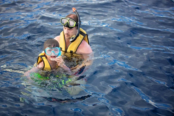 Gente, buceando en el océano abierto, nadando con delfines — Foto de Stock