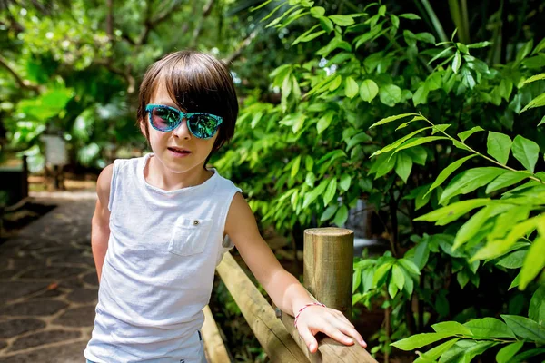 Крупний портрет модного солодкого хлопчика-дошкільника в парку джунглів — стокове фото