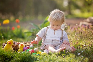Tavşan kulakları ile Tatlı yürümeye başlayan çocuk, Paskalya için yumurta avcılık, çocuk