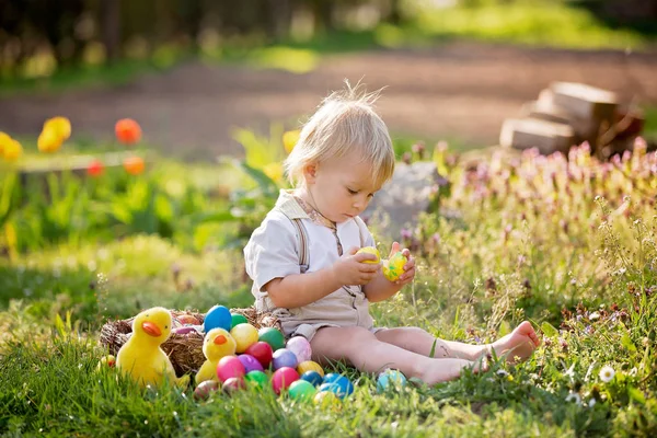 Dolce bambino con orecchie da coniglio, caccia alle uova per Pasqua, bambino — Foto Stock