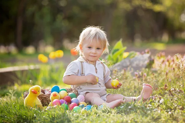 Batole s králíčky, lov na Velikonoce, dítě — Stock fotografie