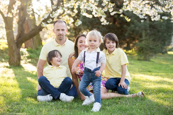 Mooie familie, moeder, vader en drie kinderen, jongens, met FA — Stockfoto