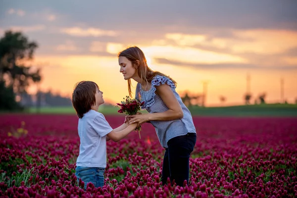 Beautiful mother and son in crimson clover field, mom getting bo — Stock Photo, Image