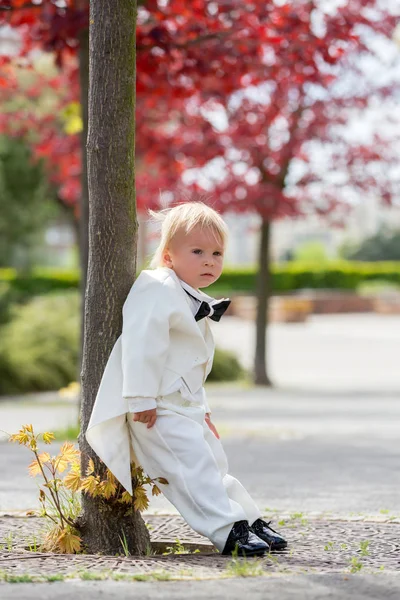 Красивый мальчик в смокинге, играет в парке на свадьбе — стоковое фото