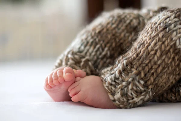 Pequeño niño jugando en casa con juguetes de peluche suave, mintiendo — Foto de Stock