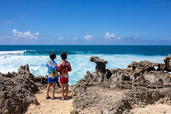 Niños felices en camisas hawaianas coloridas, disfrutando de la observación de t — Foto de Stock