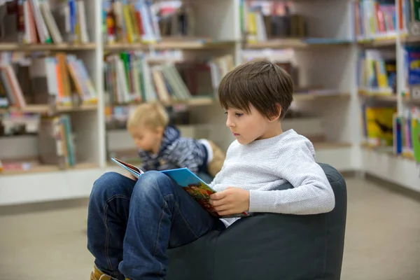 Niños inteligentes, hermanos varones, educándose en una biblioteca —  Fotos de Stock