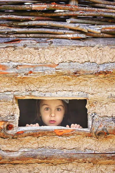 Любопытный ребенок, мальчик, выглядывающий из маленького окна в деревянном кустарнике — стоковое фото