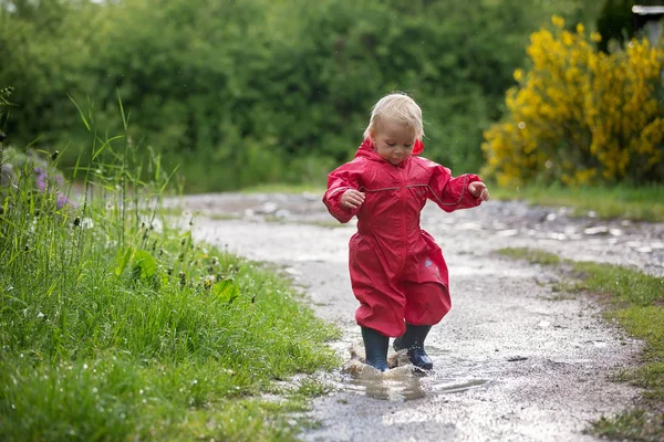 달콤한 작은 유아 소년, 빨간 비옷과 파란색 b에 금발의 아이 — 스톡 사진