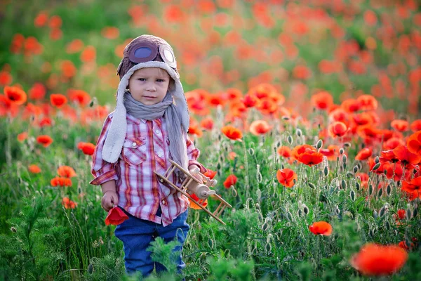 Sweet toddler baby boy, child playing with airplane in poppy fie — Stock Photo, Image