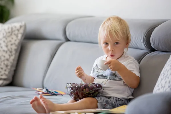 Süße Kleinkind Junge, sitzt auf einer Couch, isst Kirschen und looki — Stockfoto