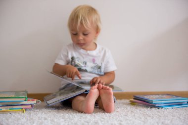 Tatlı yürümeye başlayan çocuk, evde kitap okuyor, yerde oturuyor, 