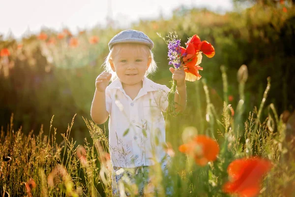 Criança bonita feliz, segurando buquê de flores selvagens o — Fotografia de Stock