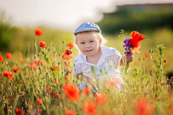 Criança bonita feliz, segurando buquê de flores selvagens o — Fotografia de Stock