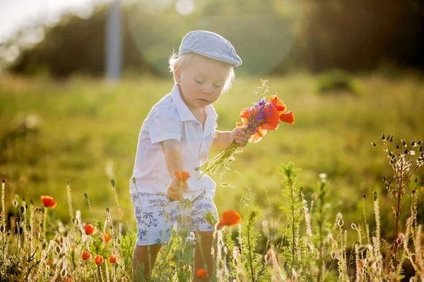 Šťastné, krásné batole, držící kytici divokých květin o — Stock fotografie