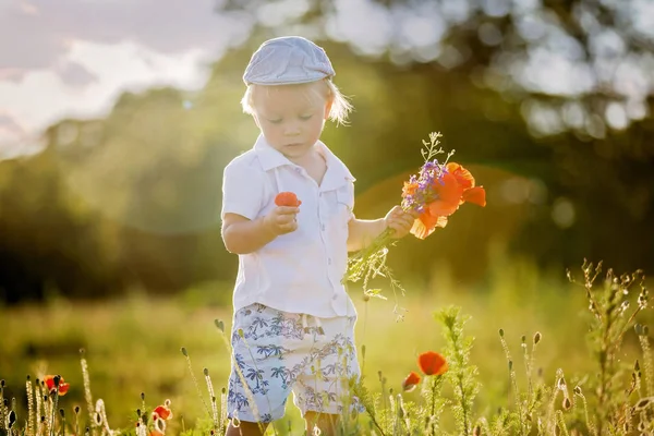 Criança bonita feliz, segurando buquê de flores selvagens o — Fotografia de Stock