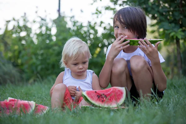 Niedliches Kleinkind, kleiner Junge, isst reife Wassermelone im Garten — Stockfoto