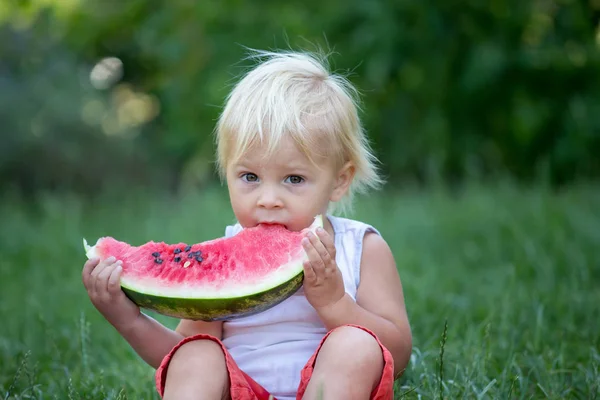 Niedliches Kleinkind, kleiner Junge, isst reife Wassermelone im Garten — Stockfoto