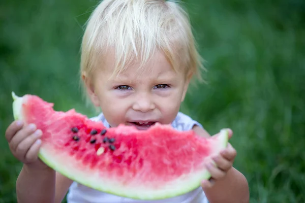 Criança bonito, menino, comendo melancia madura no jardim — Fotografia de Stock