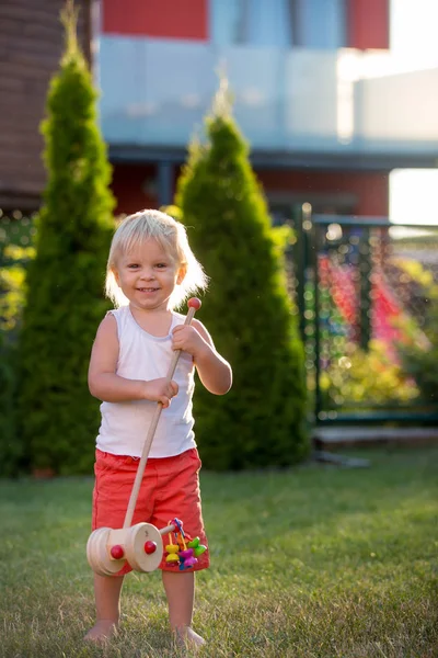 Bela criança, brincando com brinquedo de madeira no jardim em su — Fotografia de Stock