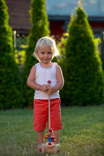 Ребенок, играющий с деревянной игрушкой в саду на улице — стоковое фото