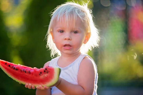 Sevimli yürümeye başlayan çocuk, bebek çocuk, bahçede olgun karpuz yeme — Stok fotoğraf