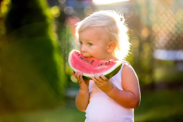 Cute toddler child, baby boy, eating ripe watermelon in garden — Stock Photo, Image