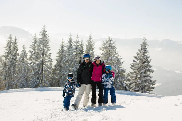 Великолепная семья с двумя детьми, катающаяся на лыжах в солнечный день в живописном месте — стоковое фото