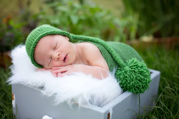 Kleine zoete pasgeboren babyjongen, slapen in een krat met wrap en h — Stockfoto