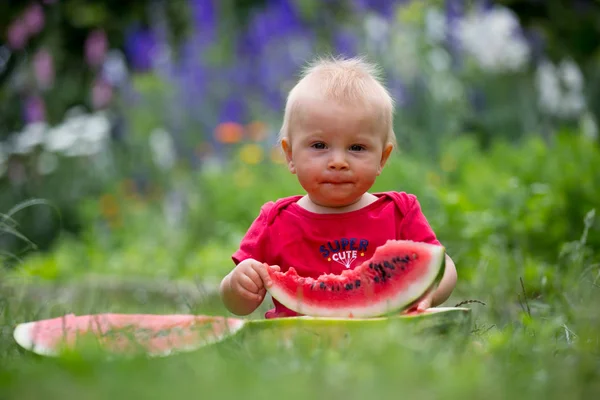 Carino bambino bambino, bambino, mangiare anguria matura in giardino — Foto Stock