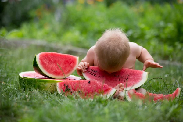 Niedliches Kleinkind, kleiner Junge, isst reife Wassermelone im Garten — Stockfoto