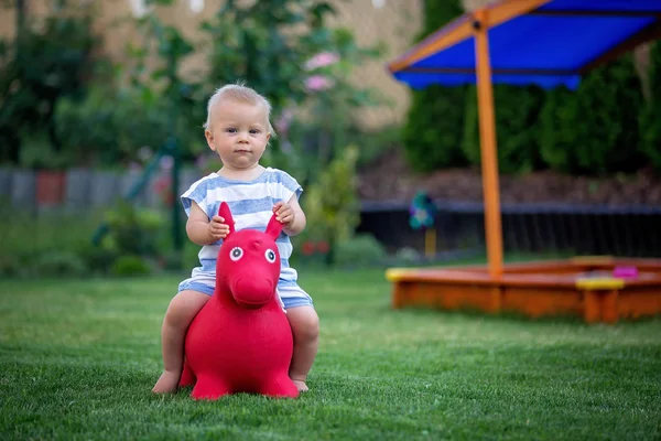 Малыш, мальчик, катается на пластиковой лошадиной игрушке на заднем дворе — стоковое фото
