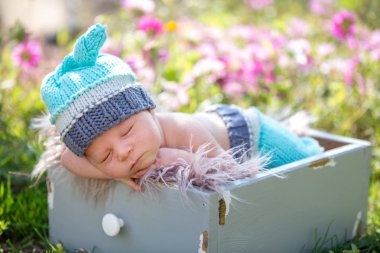 Şirin yeni doğan bebek çocuk, huzur içinde Bahçe sepete sleeping