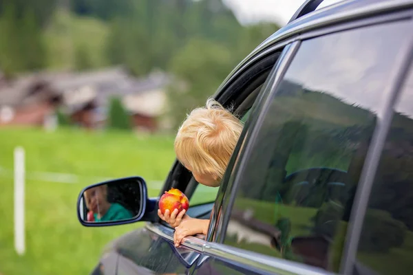 かわいい子供、車の窓から見て男の子、への道を旅 — ストック写真