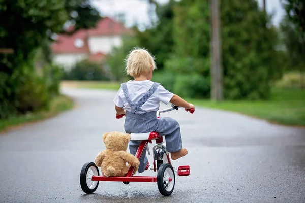 Söt liten pojke, med Nalle leksak, ridning trehjuling på Str — Stockfoto