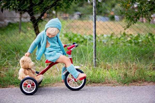 Adorabile bambino con vestito a maglia, triciclo a cavallo su un q — Foto Stock