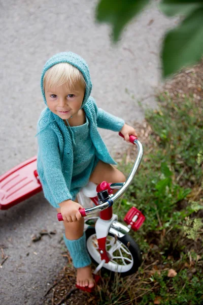 Adorabile bambino con vestito a maglia, triciclo a cavallo su un q — Foto Stock