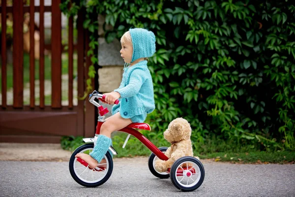 Adorable toddler boy with knitted outfit, riding tricycle on a q — Stock Photo, Image