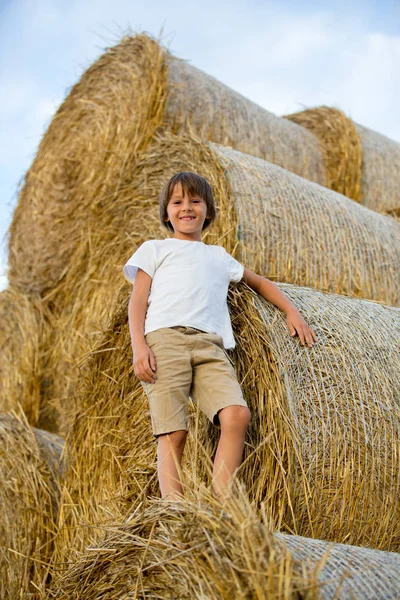 Lyckliga barn, spela på höstackar Summertime — Stockfoto