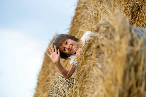 Niños felices, jugando en pajar verano —  Fotos de Stock